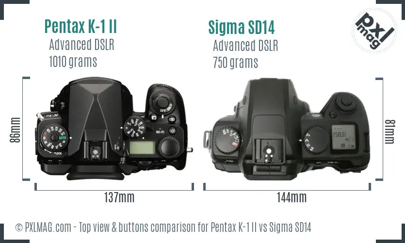 Pentax K-1 II vs Sigma SD14 top view buttons comparison