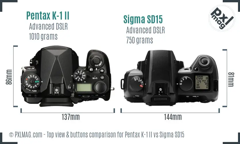 Pentax K-1 II vs Sigma SD15 top view buttons comparison