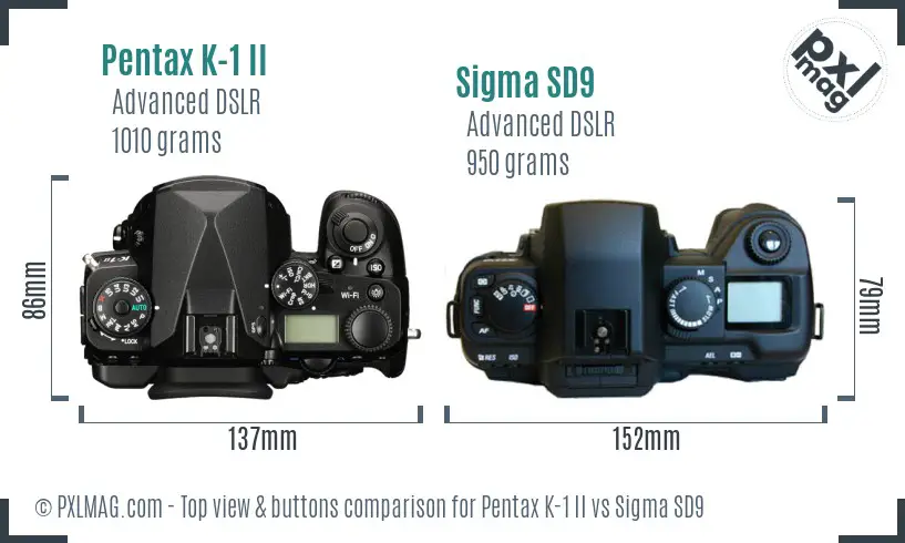 Pentax K-1 II vs Sigma SD9 top view buttons comparison