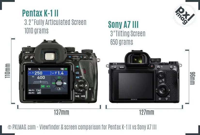 Pentax K-1 II vs Sony A7 III Screen and Viewfinder comparison