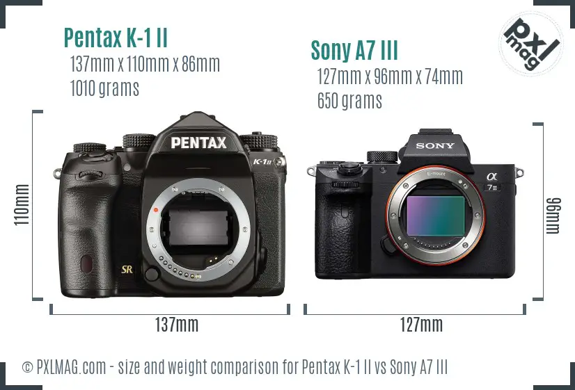 Pentax K-1 II vs Sony A7 III size comparison