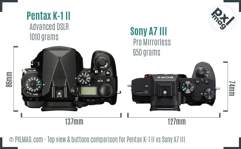 Pentax K-1 II vs Sony A7 III top view buttons comparison