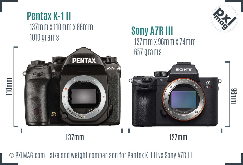 Pentax K-1 II vs Sony A7R III size comparison