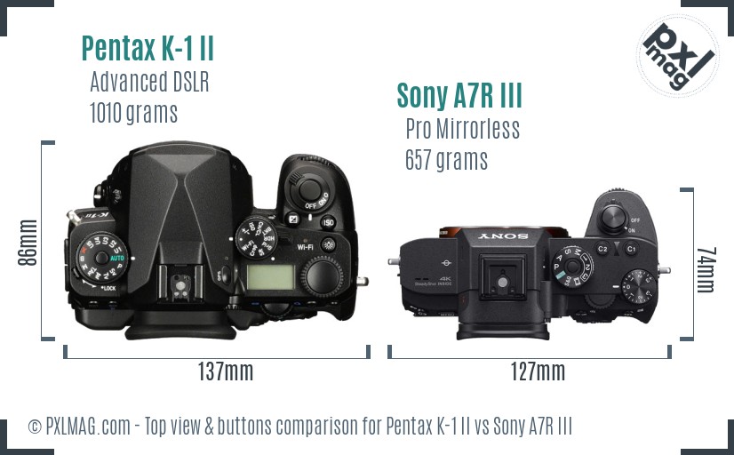 Pentax K-1 II vs Sony A7R III top view buttons comparison