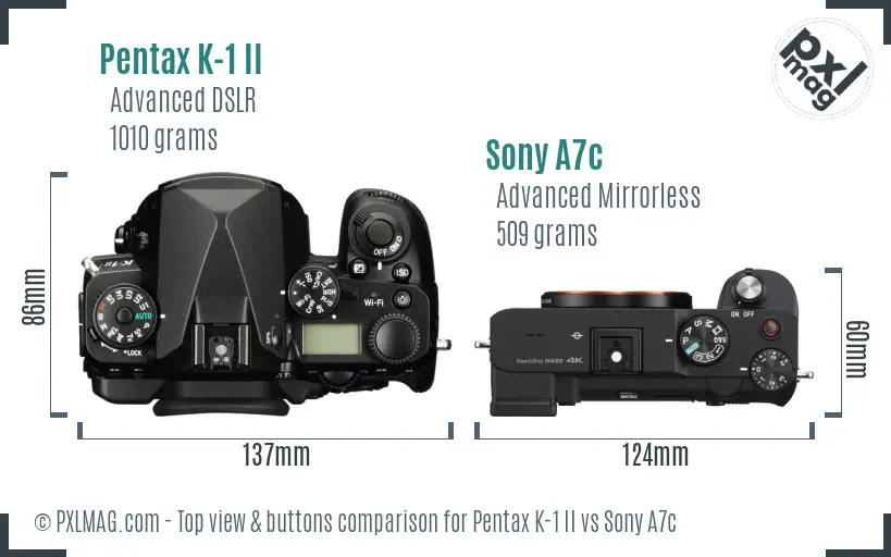 Pentax K-1 II vs Sony A7c top view buttons comparison Pentax K-1 II vs Sony A7c top view buttons comparison