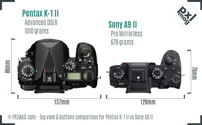 Pentax K-1 II vs Sony A9 II top view buttons comparison