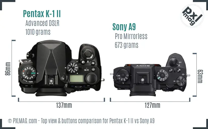 Pentax K-1 II vs Sony A9 top view buttons comparison