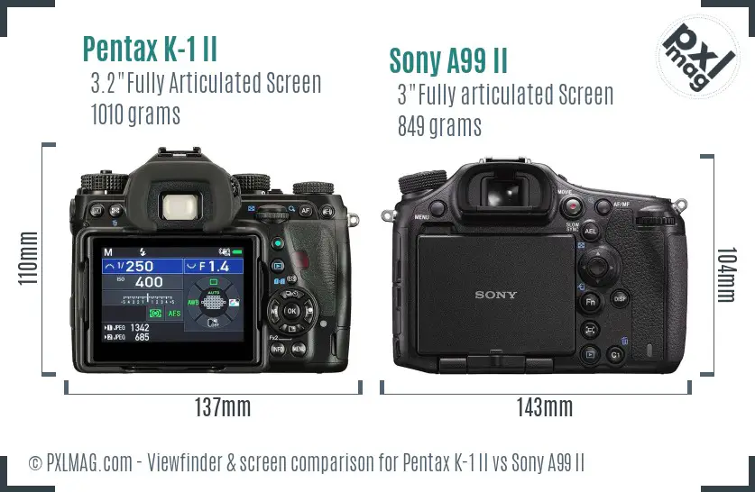 Pentax K-1 II vs Sony A99 II Screen and Viewfinder comparison