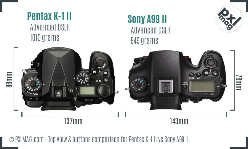 Pentax K-1 II vs Sony A99 II top view buttons comparison