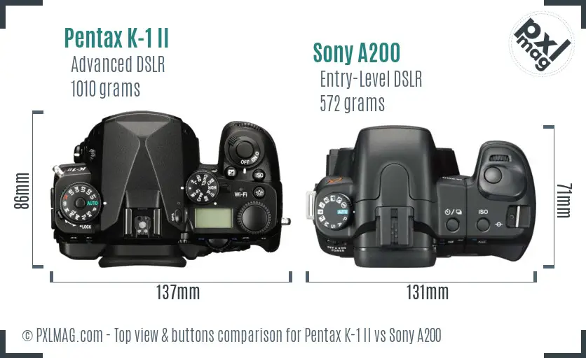 Pentax K-1 II vs Sony A200 top view buttons comparison Pentax K-1 II vs Sony A200 top view buttons comparison