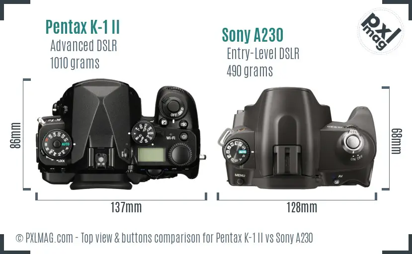 Pentax K-1 II vs Sony A230 top view buttons comparison