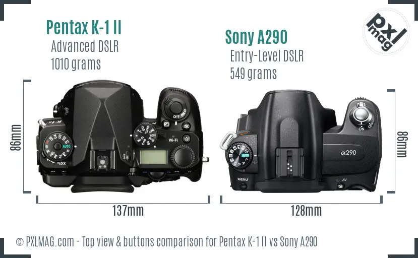 Pentax K-1 II vs Sony A290 top view buttons comparison Pentax K-1 II vs Sony A290 top view buttons comparison