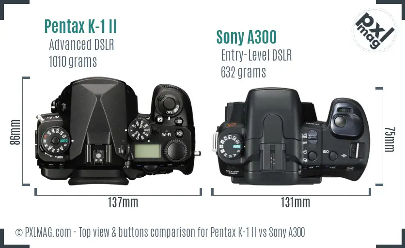 Pentax K-1 II vs Sony A300 top view buttons comparison