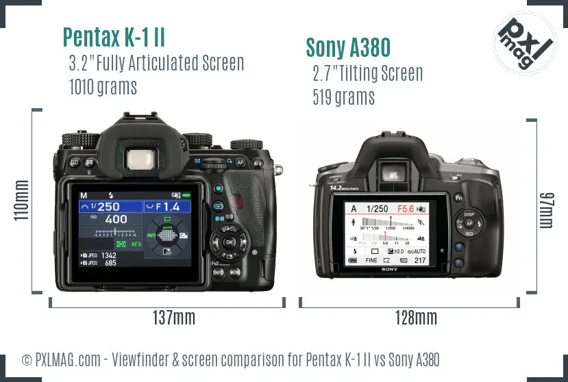 Pentax K-1 II vs Sony A380 Screen and Viewfinder comparison