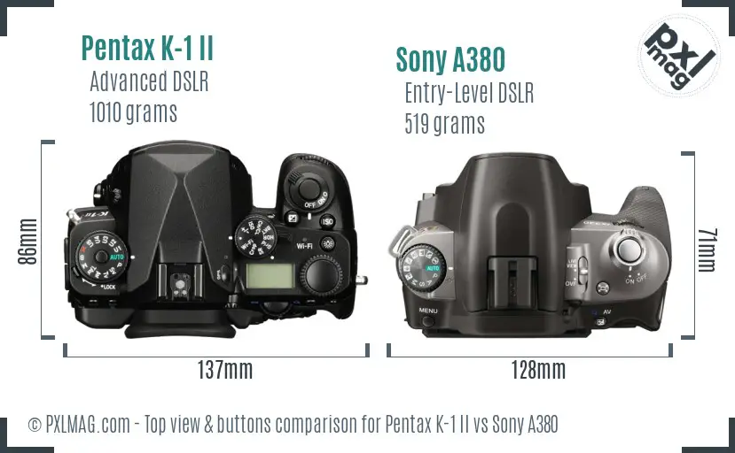 Pentax K-1 II vs Sony A380 top view buttons comparison