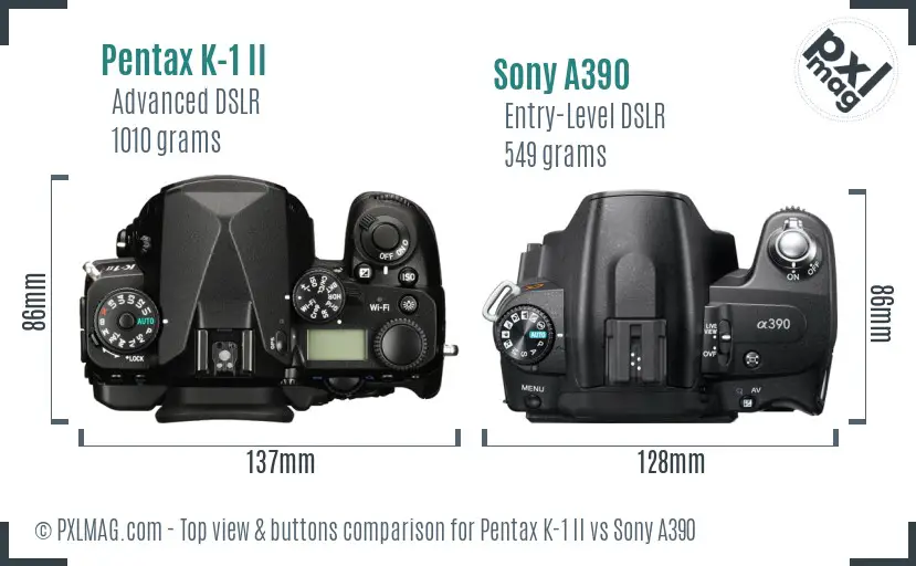 Pentax K-1 II vs Sony A390 top view buttons comparison Pentax K-1 II vs Sony A390 top view buttons comparison