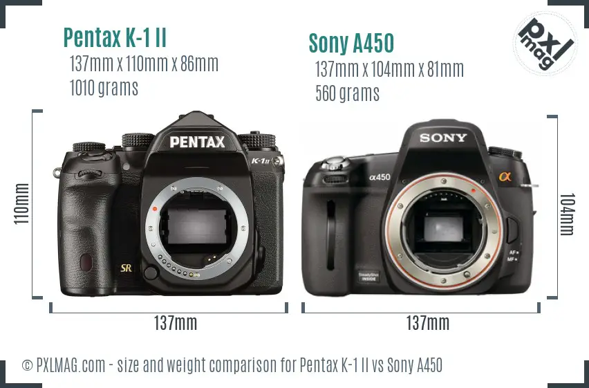 Pentax K-1 II vs Sony A450 size comparison