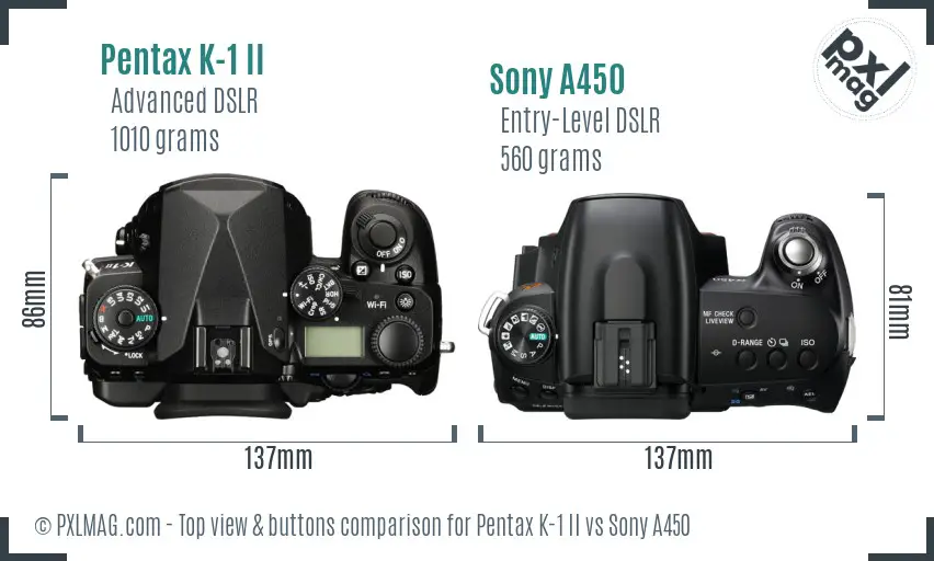 Pentax K-1 II vs Sony A450 top view buttons comparison