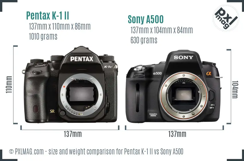 Pentax K-1 II vs Sony A500 size comparison