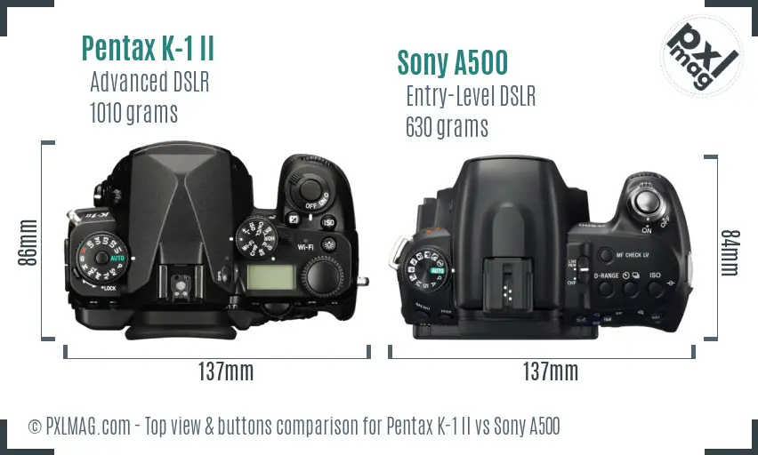 Pentax K-1 II vs Sony A500 top view buttons comparison