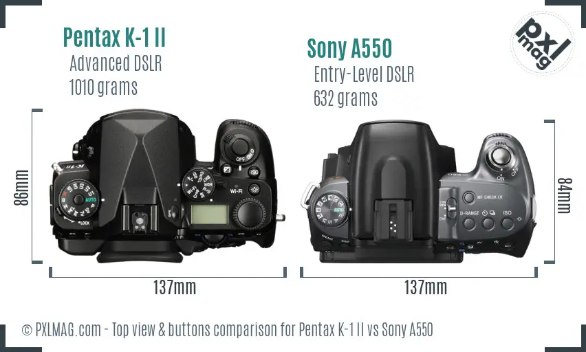 Pentax K-1 II vs Sony A550 top view buttons comparison Pentax K-1 II vs Sony A550 top view buttons comparison