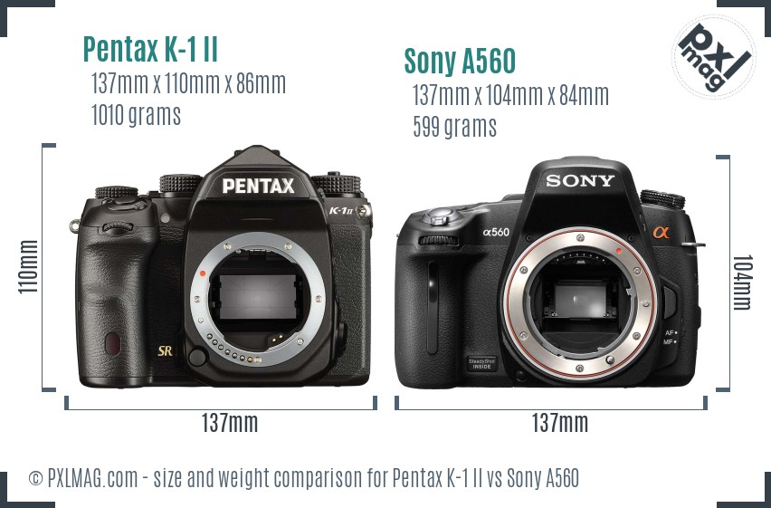 Pentax K-1 II vs Sony A560 size comparison
