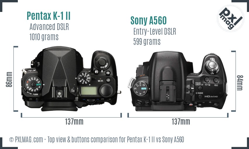 Pentax K-1 II vs Sony A560 top view buttons comparison