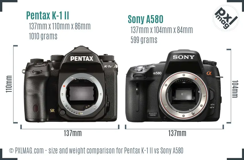 Pentax K-1 II vs Sony A580 size comparison