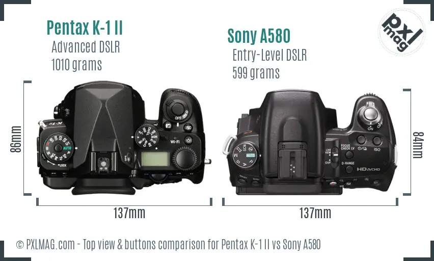 Pentax K-1 II vs Sony A580 top view buttons comparison