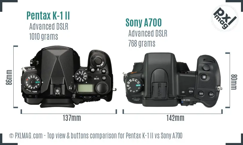 Pentax K-1 II vs Sony A700 top view buttons comparison
