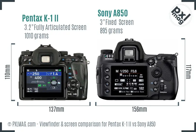 Pentax K-1 II vs Sony A850 Screen and Viewfinder comparison