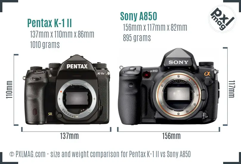 Pentax K-1 II vs Sony A850 size comparison