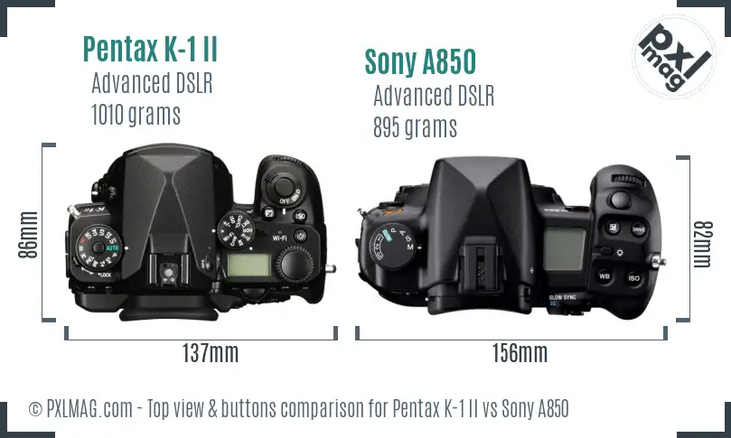 Pentax K-1 II vs Sony A850 top view buttons comparison