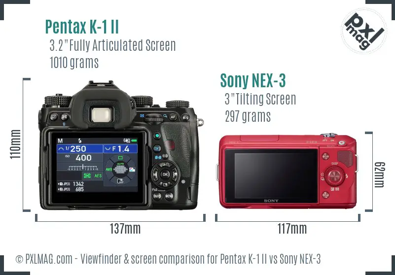 Pentax K-1 II vs Sony NEX-3 Screen and Viewfinder comparison