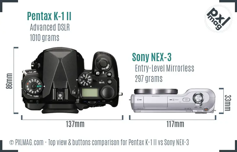 Pentax K-1 II vs Sony NEX-3 top view buttons comparison