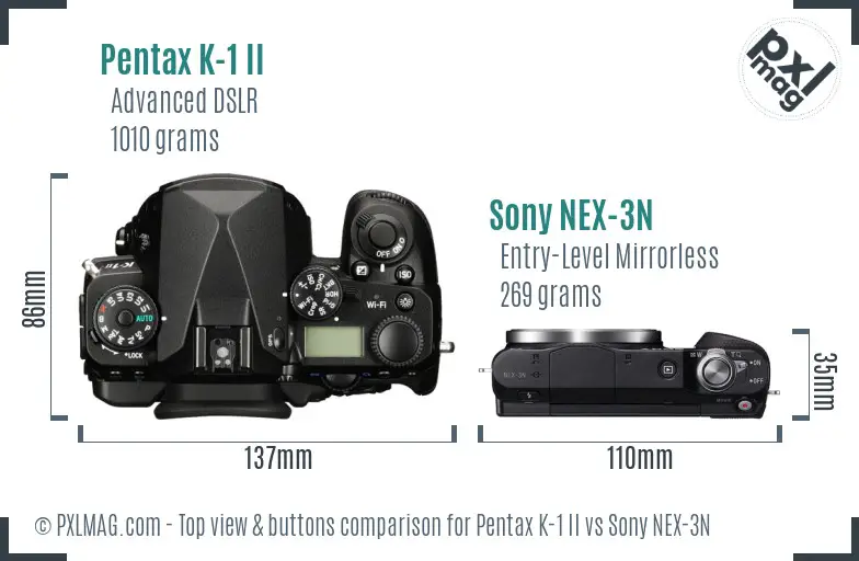 Pentax K-1 II vs Sony NEX-3N top view buttons comparison