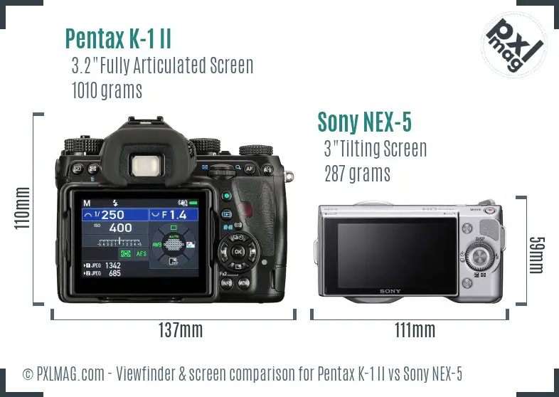Pentax K-1 II vs Sony NEX-5 Screen and Viewfinder comparison