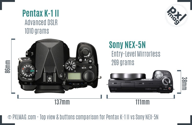 Pentax K-1 II vs Sony NEX-5N top view buttons comparison