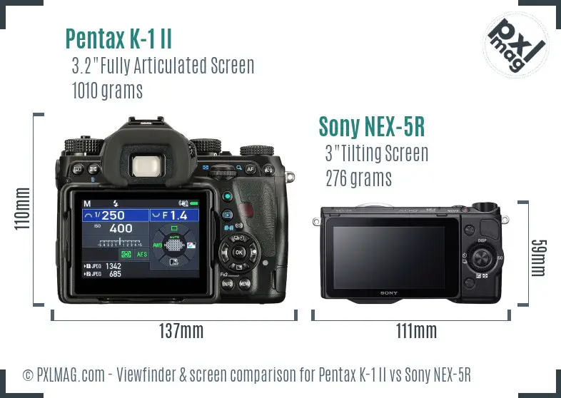 Pentax K-1 II vs Sony NEX-5R Screen and Viewfinder comparison