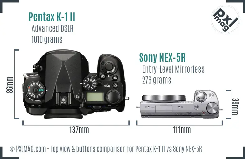 Pentax K-1 II vs Sony NEX-5R top view buttons comparison