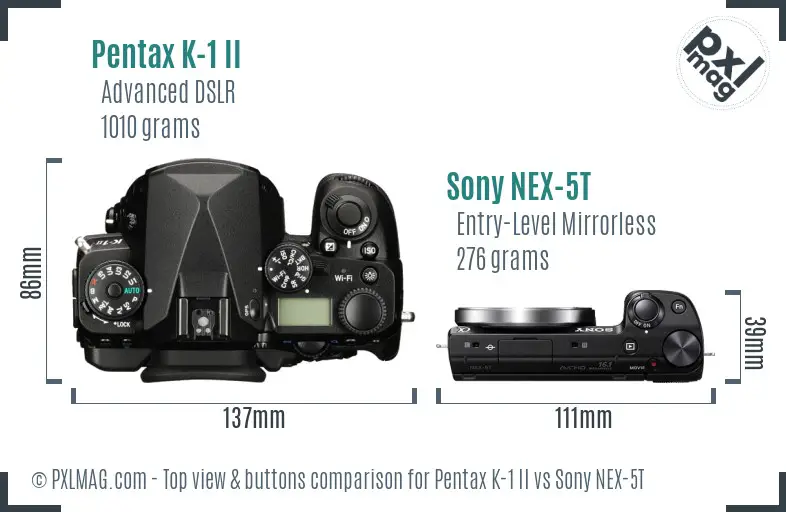 Pentax K-1 II vs Sony NEX-5T top view buttons comparison Pentax K-1 II vs Sony NEX-5T top view buttons comparison