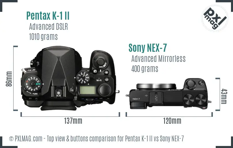 Pentax K-1 II vs Sony NEX-7 top view buttons comparison