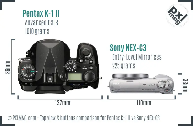 Pentax K-1 II vs Sony NEX-C3 top view buttons comparison