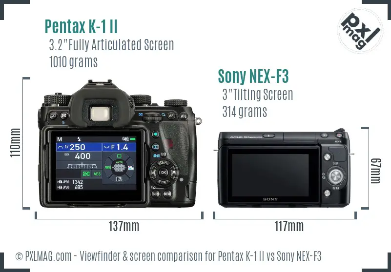 Pentax K-1 II vs Sony NEX-F3 Screen and Viewfinder comparison Pentax K-1 II vs Sony NEX-F3 Screen and Viewfinder comparison
