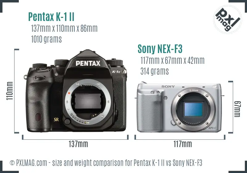Pentax K-1 II vs Sony NEX-F3 size comparison Pentax K-1 II vs Sony NEX-F3 size comparison
