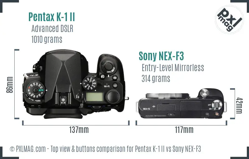 Pentax K-1 II vs Sony NEX-F3 top view buttons comparison Pentax K-1 II vs Sony NEX-F3 top view buttons comparison