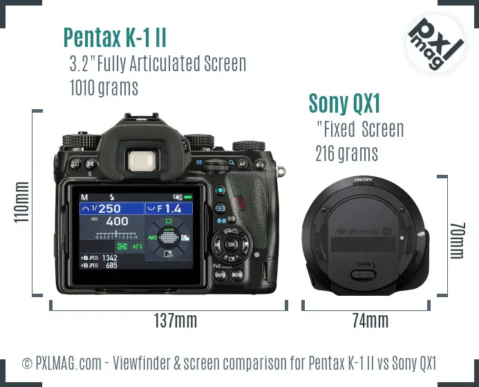 Pentax K-1 II vs Sony QX1 Screen and Viewfinder comparison