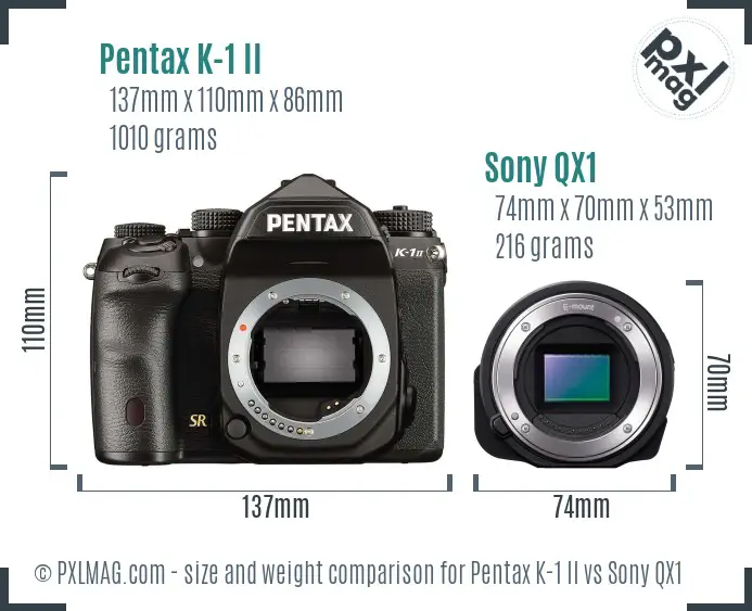 Pentax K-1 II vs Sony QX1 size comparison