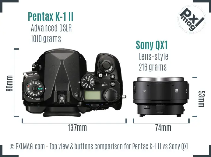 Pentax K-1 II vs Sony QX1 top view buttons comparison