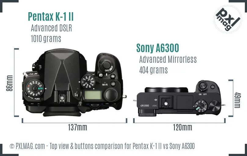 Pentax K-1 II vs Sony A6300 top view buttons comparison